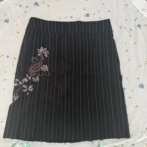 Y2K Point Zero Black Pinstripe Skirt with Pink Floral Embroidery